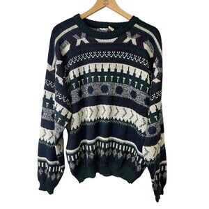 VINTAGE Todays News Sweater Unisex Adult Geometric Pattern Grandpa Fisherman XL